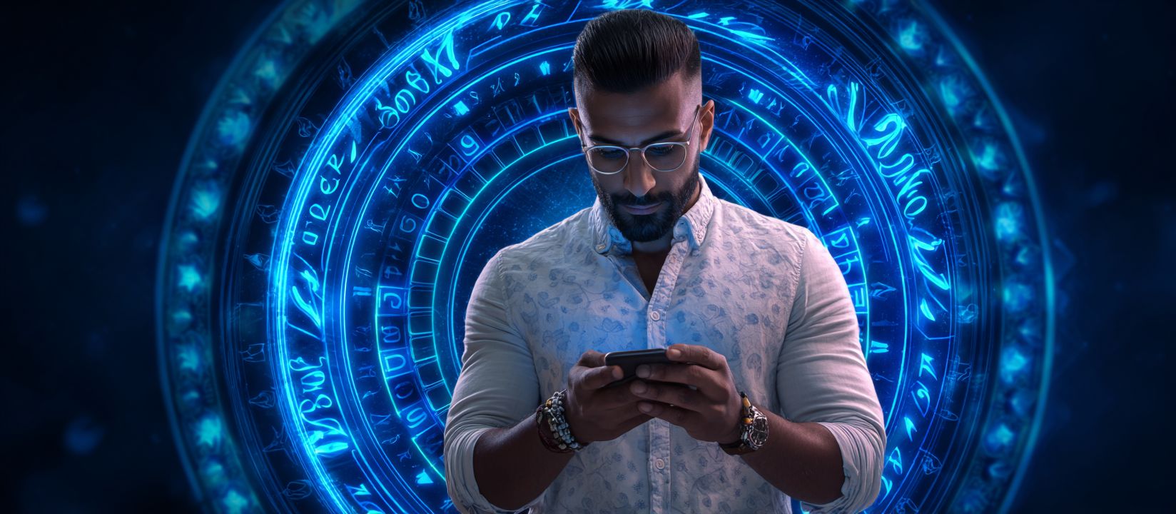 A man using the Ywkk app surrounded by glowing mystical symbols, representing secure and innovative online gaming.