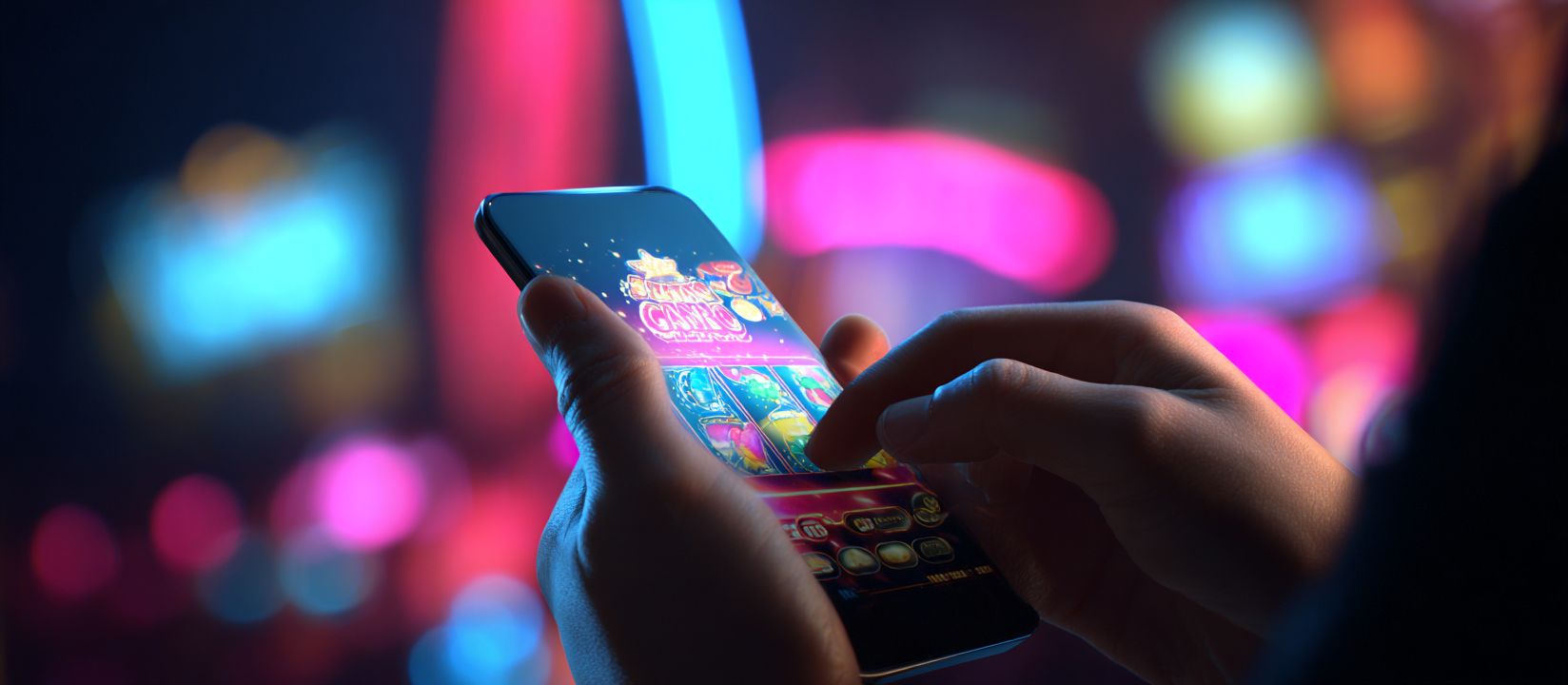 Close-up of hands playing colorful slot games on the Ywkk mobile app with vibrant neon lights in the background.