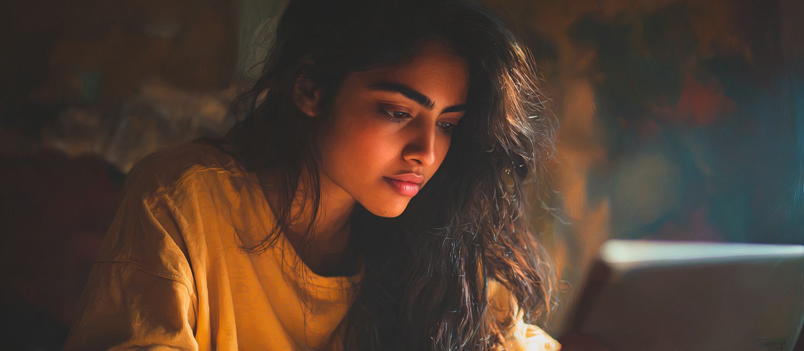 Thoughtful young woman playing Ywkk online games on her laptop at home.