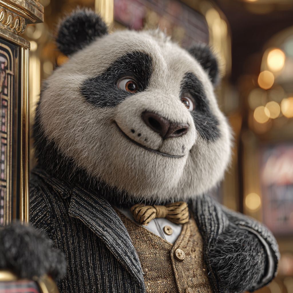Sophisticated Ywkk panda in a classy suit standing proudly in a golden casino hall.