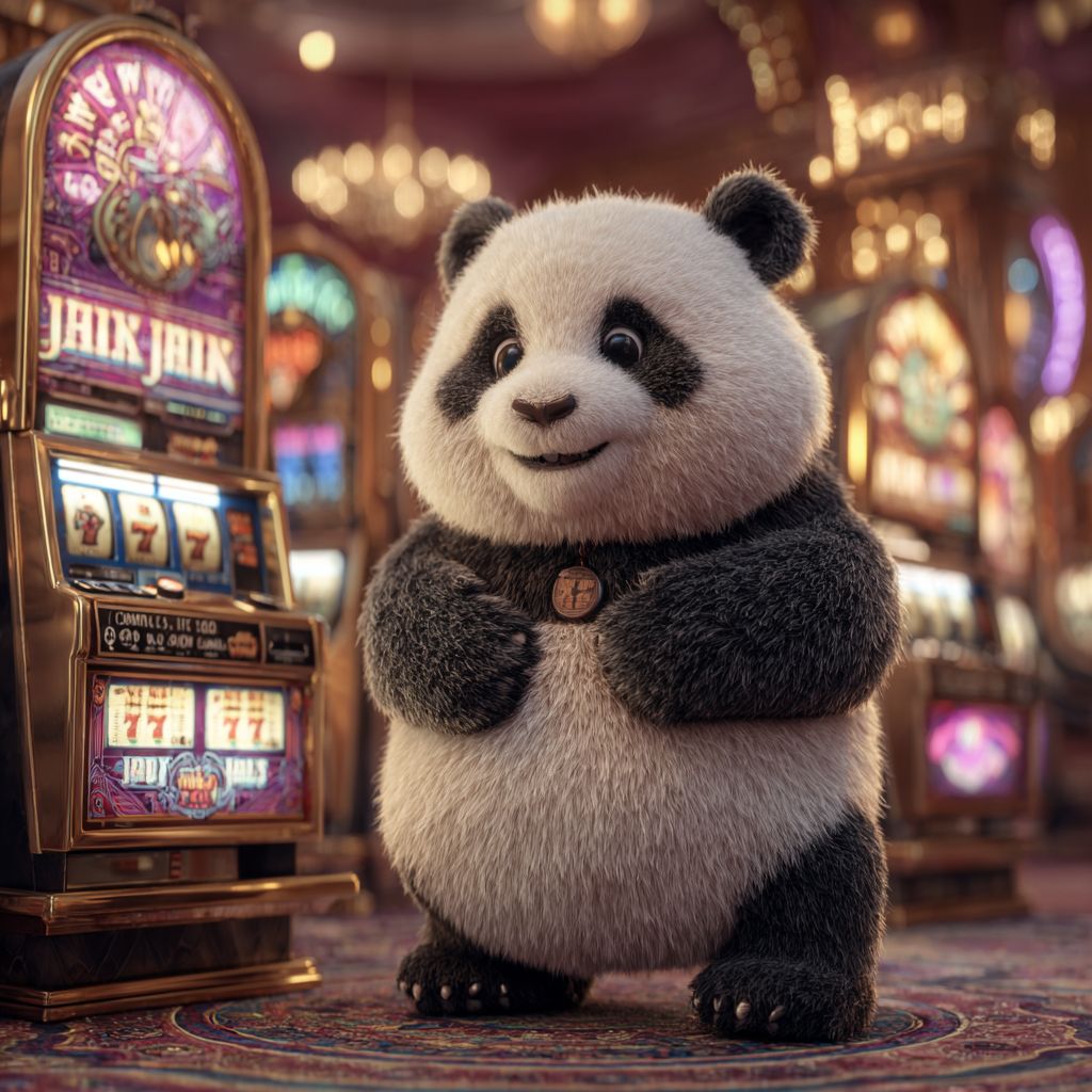 Ywkk Slots – Spin the reels and win big with our lucky panda Friendly Ywkk panda standing near shining slot machines, ready to spin and win.