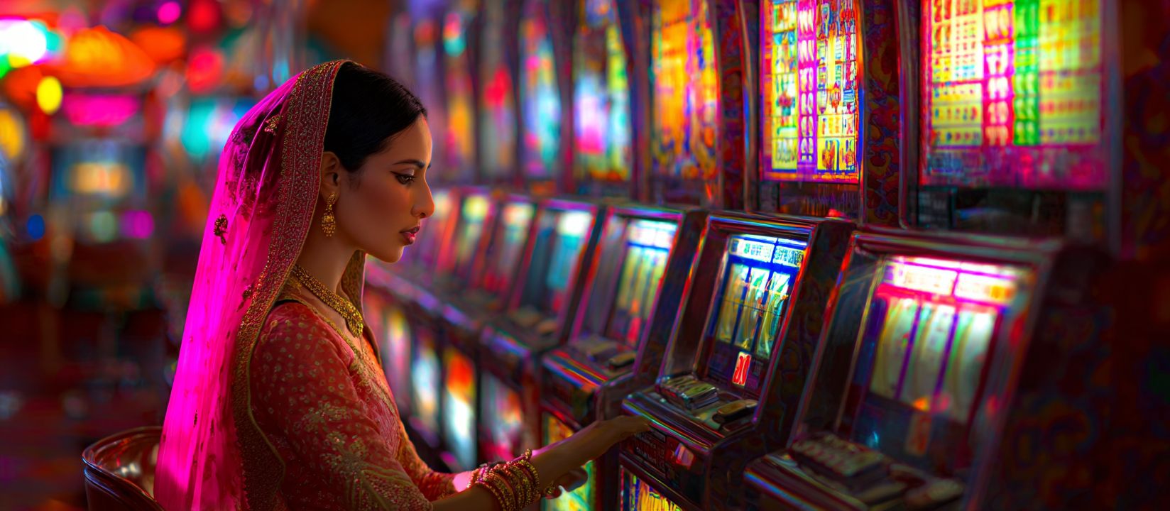 Ywkk Slots – Explore dazzling slot games and win big Woman in a pink saree playing Ywkk slot machines in a vibrant neon-lit casino hall.